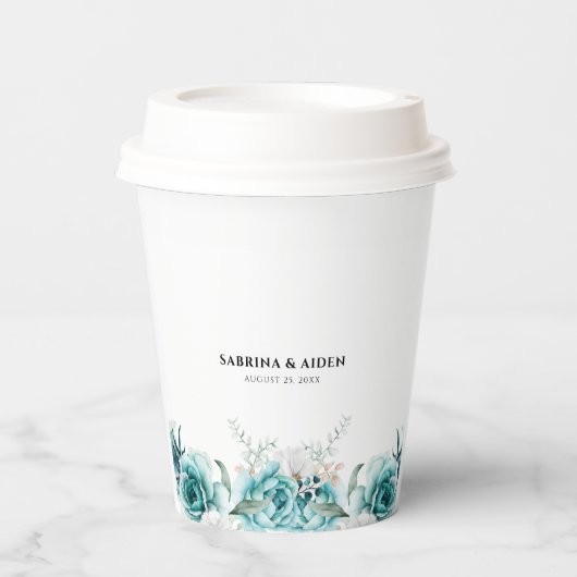 Dusty Emerald Groen Wit Bloemen Bruiloft Papieren Bekers (Voorkant)
