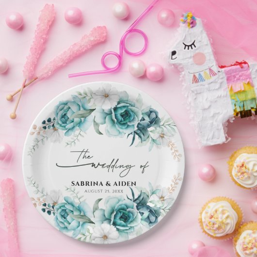 Dusty Emerald Groen Wit Bloemen Bruiloft Papieren Bordje (Feest)