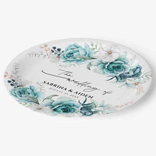 Dusty Emerald Groen Wit Bloemen Bruiloft Papieren Bordje (Gekanteld)