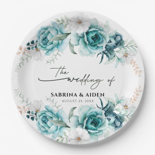 Dusty Emerald Groen Wit Bloemen Bruiloft Papieren Bordje (Voorkant)