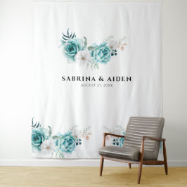 Dusty Emerald Groen Wit Bloemen Bruiloft Wandkleed