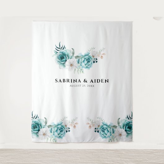 Dusty Emerald Groen Wit Bloemen Bruiloft Wandkleed (Voorkant)