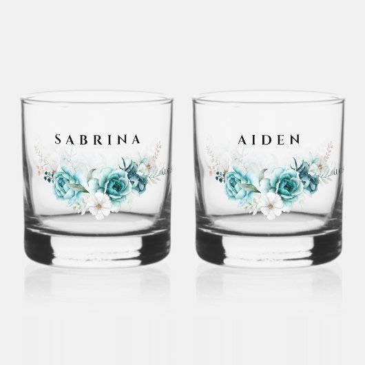 Dusty Emerald Groen Wit Bloemen Bruiloft Whisky Glas (Voorkant)
