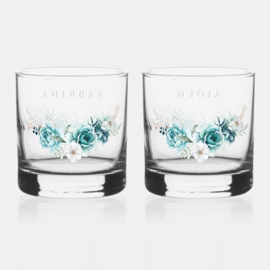 Dusty Emerald Groen Wit Bloemen Bruiloft Whisky Glas (Achterkant)
