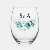 Dusty Emerald Groen Wit Bloemen Bruiloft Wijnglas Zonder Voet (Voorkant)