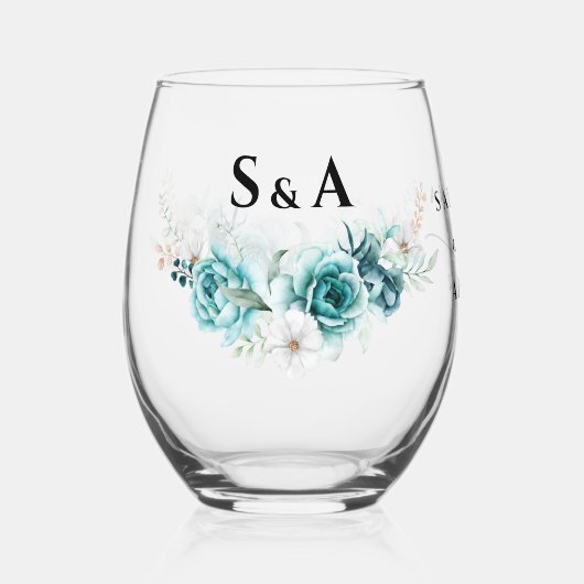 Dusty Emerald Groen Wit Bloemen Bruiloft Wijnglas Zonder Voet (Voorkant)