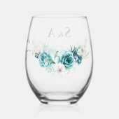 Dusty Emerald Groen Wit Bloemen Bruiloft Wijnglas Zonder Voet (Achterkant)