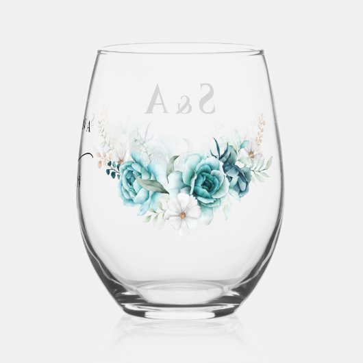 Dusty Emerald Groen Wit Bloemen Bruiloft Wijnglas Zonder Voet (Achterkant)