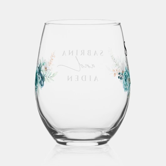 Dusty Emerald Groen Wit Bloemen Bruiloft Wijnglas Zonder Voet (Rechts)