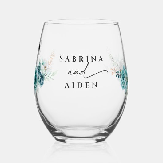 Dusty Emerald Groen Wit Bloemen Bruiloft Wijnglas Zonder Voet (Links)