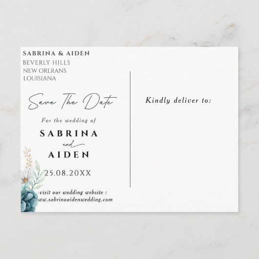 Dusty Emerald Groene Bloemen Bruiloft Save The Dat Aankondigingskaart (Achterkant)