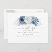 Dusty en Navy Blue Floral Boho Save the Date Briefkaart (Voorkant / Achterkant)