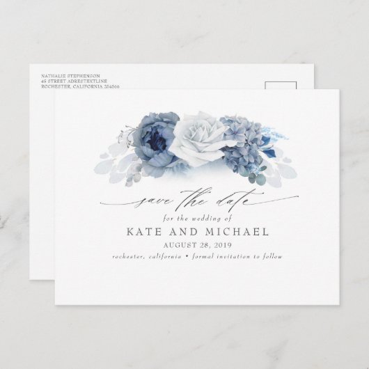 Dusty en Navy Blue Floral Boho Save the Date Briefkaart (Voorkant / Achterkant)