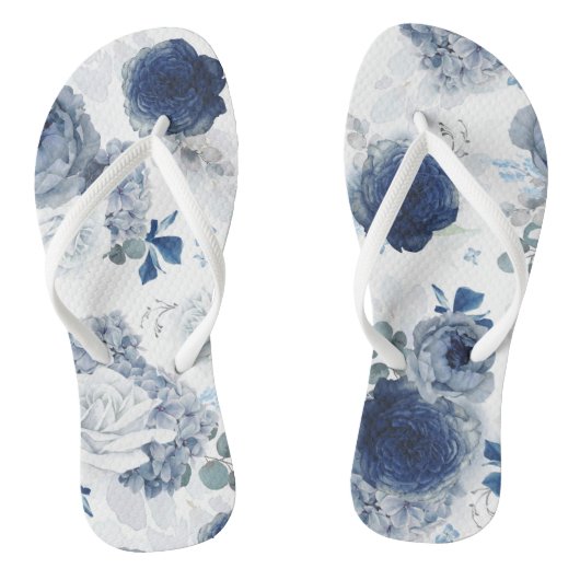 Dusty en Navy Blue Floral Elegant Botanisch Teenslippers (Voetbed)