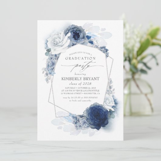 Dusty en Navy Blue Floral Silver Glitz Afstuderen Kaart (Staand voorkant)