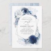 Dusty en Navy Blue Floral Silver Glitz Afstuderen Kaart (Voorkant / Achterkant)