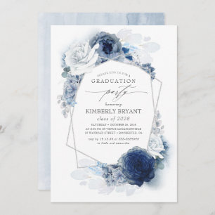 Dusty en Navy Blue Floral Silver Glitz Afstuderen Kaart