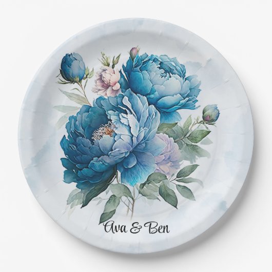 Dusty en Navy Waterverf Peony Wedding Papieren Bordje (Voorkant)