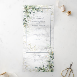 Dusty Eucalyptus Botanical Gold Greenery Wedding T Drieluik Uitnodiging