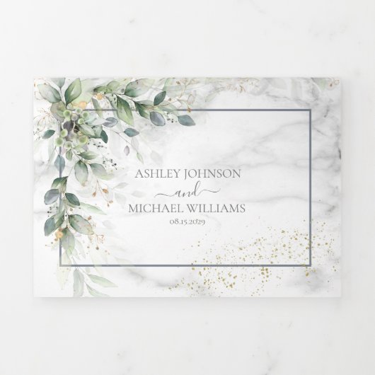 Dusty Eucalyptus Botanical Gold Greenery Wedding T Drieluik Uitnodiging (Cover)