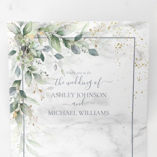 Dusty Eucalyptus Botanical Gold Greenery Wedding T Drieluik Uitnodiging (Binnenzijde eerst)