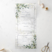 Dusty Eucalyptus Botanical Gold Greenery Wedding T Drieluik Uitnodiging (Binnen)