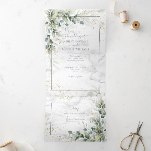 Dusty Eucalyptus Botanical Gold Greenery Wedding T Drieluik Uitnodiging (Binnen)