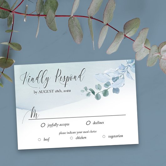 Dusty Eucalyptus Elegant Maaltijd Opties Bruiloft RSVP Kaartje