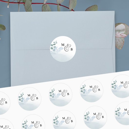 Dusty Eucalyptus Elegant Monogrammed Bruiloft Ronde Sticker