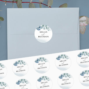 Dusty Eucalyptus gepersonaliseerde bruiloft envelo Ronde Sticker