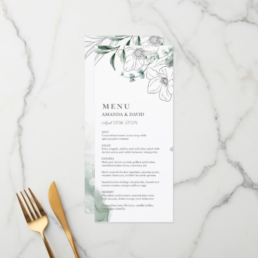 Dusty Eucalyptus Greenery Wedding Flat Menu (Voorkant / Achterkant in situ)
