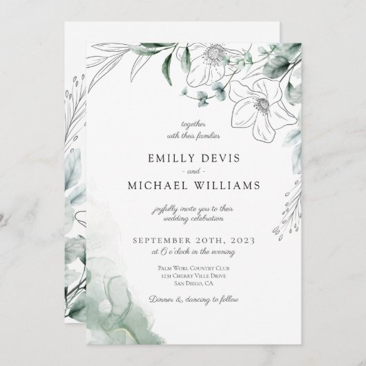 Dusty Eucalyptus Greenery Wedding Invitation Kaart (Voorkant / Achterkant)