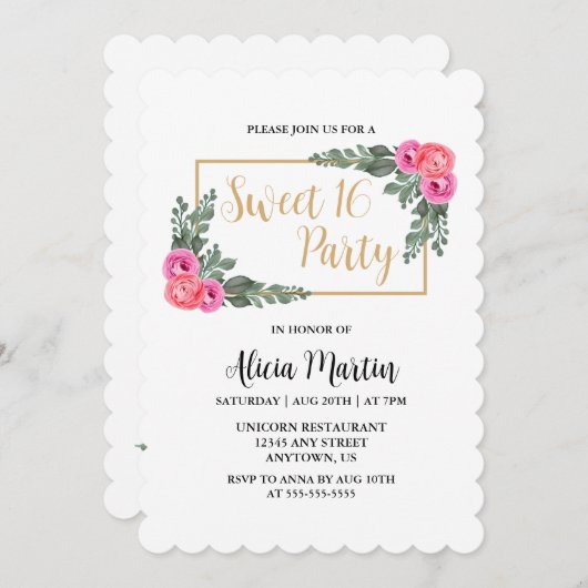 Dusty Flora Roze Roze Groen Goud Zoet 16 Kaart (Voorkant / Achterkant)
