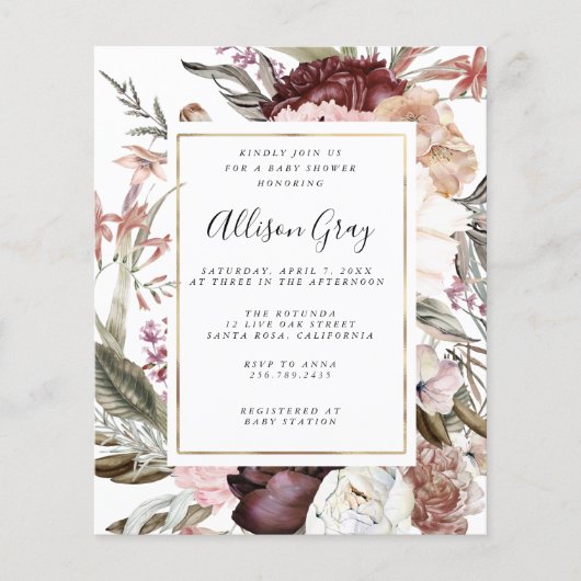 Dusty Floral Baby shower | Begrotingsbrochure Flyer (Voorkant)