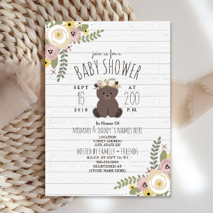 Dusty Floral Boho Beer Grey Wood Baby shower Kaart