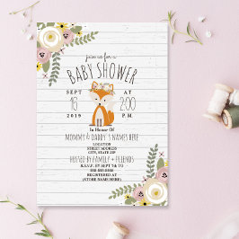 Dusty Floral Boho Fox Grey Wood Baby shower Kaart