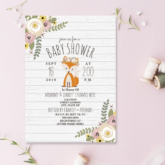 Dusty Floral Boho Fox Grey Wood Baby shower Kaart