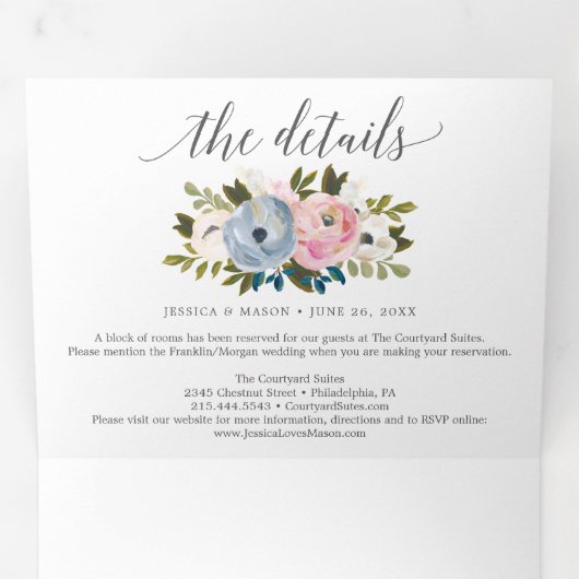 Dusty Floral Bruiloft Tri-Fold Uitnodigingen RSVP (Binnenzijde eerst)