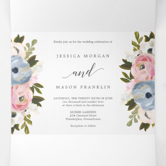 Dusty Floral Bruiloft Tri-Fold Uitnodigingen RSVP (Binnenkant midden)