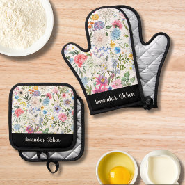 Dusty Floral Greenary Script gepersonaliseerd cade Ovenwant & Pannenlap Set