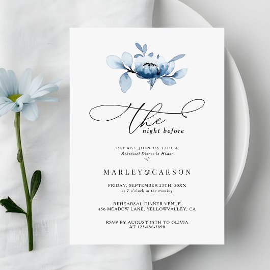 Dusty Floral Minimalist Script Rehearsal Dinner Kaart