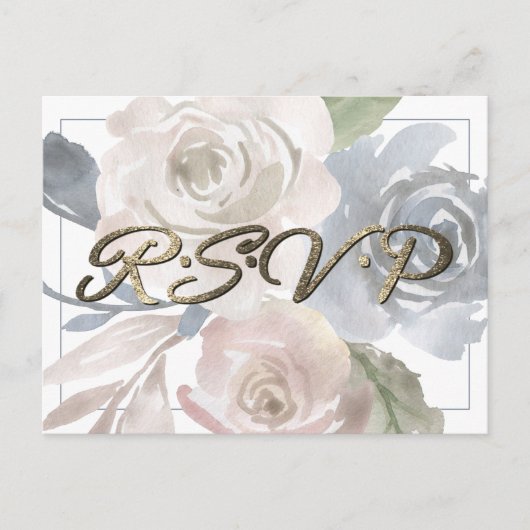 Dusty Floral | Roky Blue Soft Pastel Lijst RSVP Briefkaart (Voorkant)