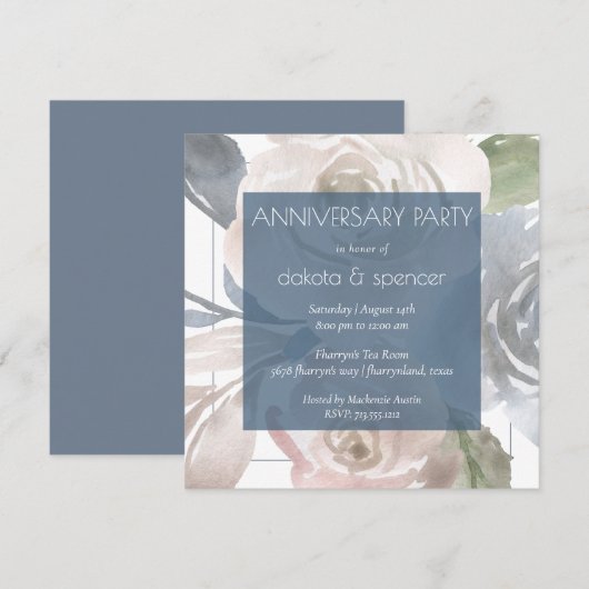 Dusty Floral | Smoky Blue Cream Jubileum Party Kaart (Voorkant / Achterkant)