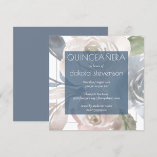 Dusty Floral Smoky Blue Cream Quinceanera Party Kaart