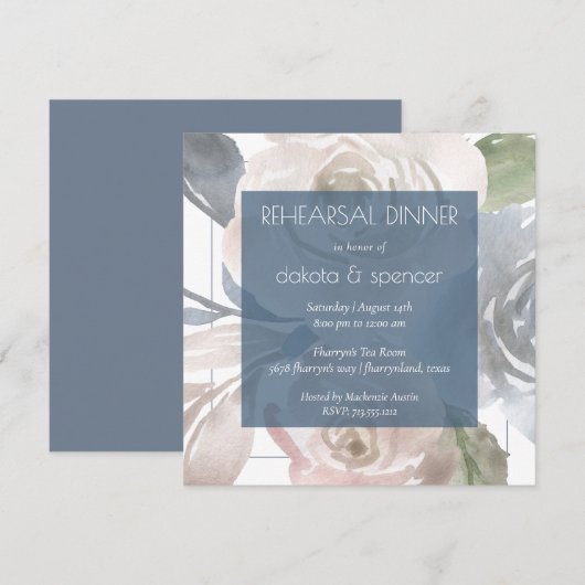 Dusty Floral | Smoky Blue Cream Rehearsal Dinner Kaart (Voorkant / Achterkant)