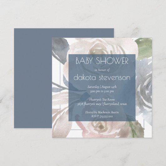 Dusty Floral | Smoky Pastel Blue Cream-Baby shower Kaart (Voorkant / Achterkant)