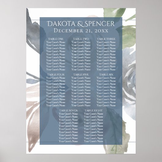 Dusty Floral | Smoky Pastel Wedding Seding Chart Poster (Voorkant)
