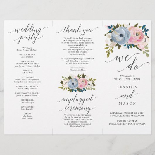 Dusty Floral Tri-Fold Wedding Programme Flyer (Voorkant)