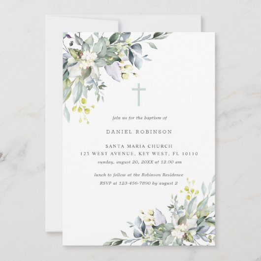 Dusty Florals Soft GreeneryBaptism Invitation Kaart (Voorkant)