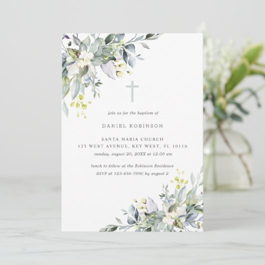 Dusty Florals Soft GreeneryBaptism Invitation Kaart (Staand voorkant)
